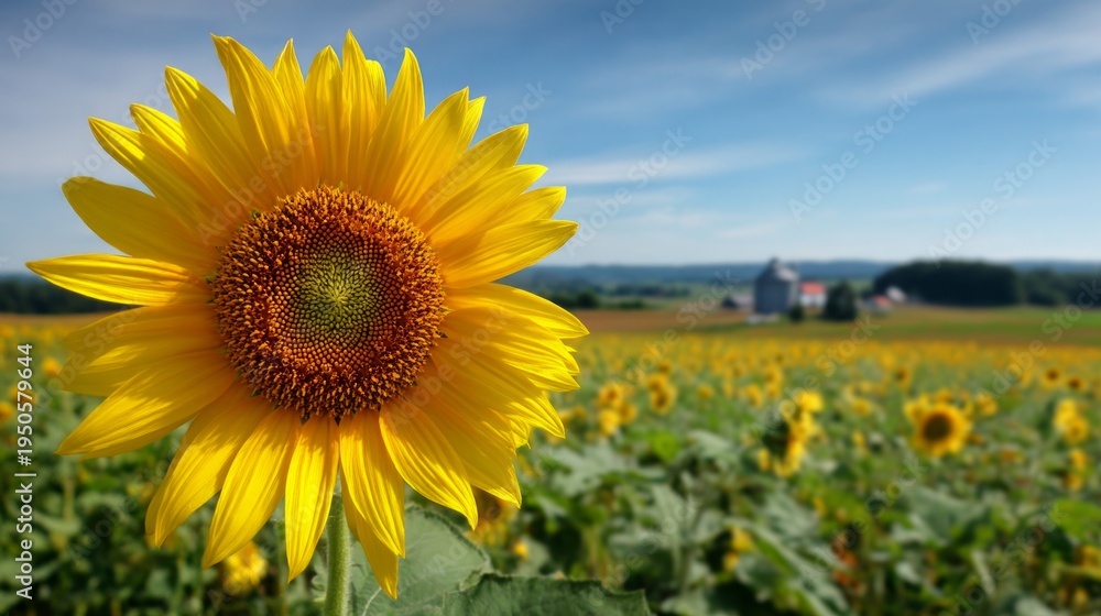 Fototapeta premium Bright Sunflower Facing the Sun in a Rural Field with Blue Sky Background