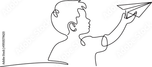one continuous drawn line of a boy with an airplane drawn from the hand picture silhouette. Line art. character boy playing with airplane. one line Icon drawing