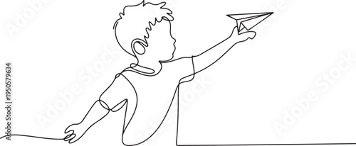 one continuous drawn line of a boy with an airplane drawn from the hand picture silhouette. Line art. character boy playing with airplane. one line Icon drawing