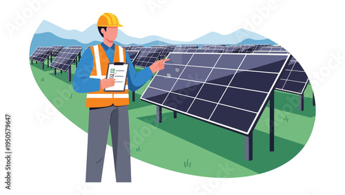 Solar Panel Inspection: An engineer meticulously inspects a solar panel array, representing sustainability and innovative energy.