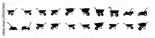 Wheelbarrow Garden Cart Silhouette Icon Set - Black silhouette icon collection of wheelbarrows and garden carts in different styles for gardening, farming, and construction transport themes.