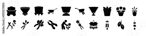 Garden Work and Farming Silhouette Icons - Black silhouette icon collection featuring farmers, wheelbarrows, tools, plants, and gardening activities representing agriculture and outdoor work.