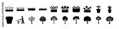 Garden Plants and Trees Silhouette Icon Set - Black silhouette icon collection of potted plants, gardeners, shrubs, and trees representing gardening, landscaping, and plant care themes.