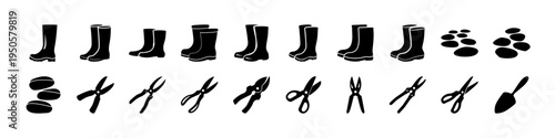 Rubber Boots and Garden Tool Icon Set - Black silhouette icon collection featuring rubber boots, garden tools, scissors, and footprints for gardening, farming, and outdoor work themes.