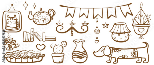 Cozy home decor doodle set, hygge interior elements with teapot, candles, lamp, plants, pie and dachshund dog vector