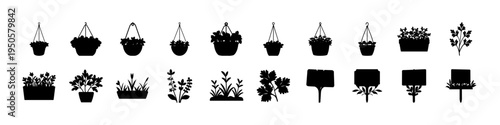 Hanging and Potted Plant Silhouette Icons - Black silhouette icon set featuring hanging plants, potted flowers, and decorative houseplants for gardening, interior decor, and botanical design.