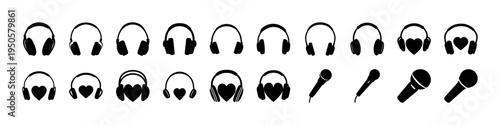 Headphone and Audio Device Silhouette Icons - Black silhouette icon collection featuring different headphone styles and audio accessories for music listening, recording, and multimedia design.