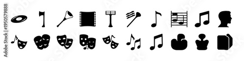 Music and Theater Silhouette Icon Collection - Black silhouette icon set featuring music notes, theater masks, microphone, speaker, and entertainment symbols isolated on white background.