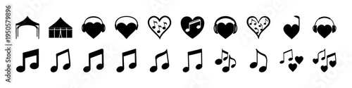 Heart and Music Note Silhouette Icon Set - Black silhouette icon collection featuring hearts, houses, and musical notes representing love, home, and music themes isolated on white.