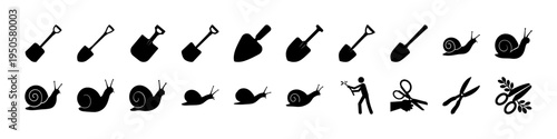 Garden Snail Silhouette Icons Set Collection - Black silhouette icon set of snails and related elements including shells, slime trails, and garden pest symbols isolated on white background.