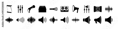 Audio Media Control Icons Black Set - Black silhouette collection of media player control icons including play, pause, rewind, fast forward, volume and sound symbols isolated on white.