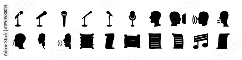 Microphones and Music Stage Silhouette Icon Set - Black silhouettes of microphones, speakers, musical notes, and stage equipment arranged as an audio performance and music production icon collection.