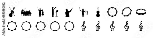Drum Instruments and Music Notes Silhouette Set - Black silhouettes of drum instruments, percussion frames, and musical notes arranged as a music rhythm and percussion icon collection.