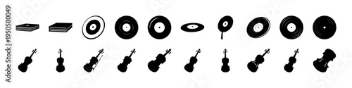 Vinyl Records and Electric Guitar Silhouette Icon Set - Black silhouettes of vinyl records and electric guitars arranged as a music equipment icon collection for audio, band, and retro music themes.