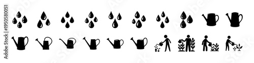 Watering Plants and Gardening Silhouette Icon Set - Black silhouettes of water drops, watering cans, gardeners, and plant growth stages forming a gardening and plant care icon collection.