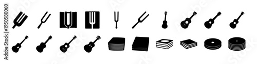 Musical Instruments and Music Equipment Silhouette Set - Black silhouettes of guitars, drums, microphones, speakers, and music gear arranged as an icon collection for music, band, and audio themes.
