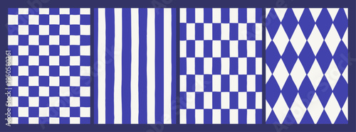 Set of four Mediterranean geometric backgrounds in blue and white with checkered, striped, and diamond patterns. Retro coastal collection for packaging, stationery, fabric, wallpaper, and prints.