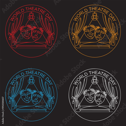 World Theatre Day continuous line art badge set. Drama masks with laurel wreaths, stage curtains, and spotlight in four colors.