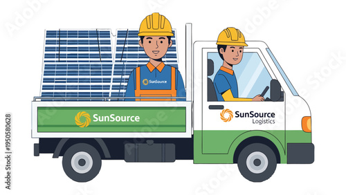 Solar Panel Delivery: A depiction of a truck delivering solar panels, with two workers overseeing the process, epitomizing the logistics of renewable energy solutions.