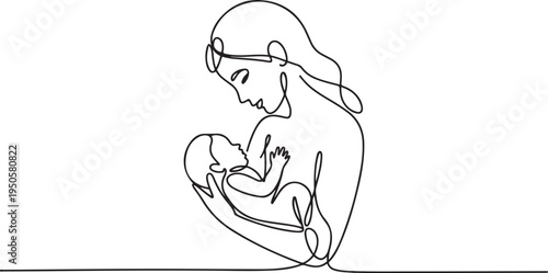 continuous single drawn one line woman is breastfeeding a child drawn picture silhouette. Line art. one line Icon drawing