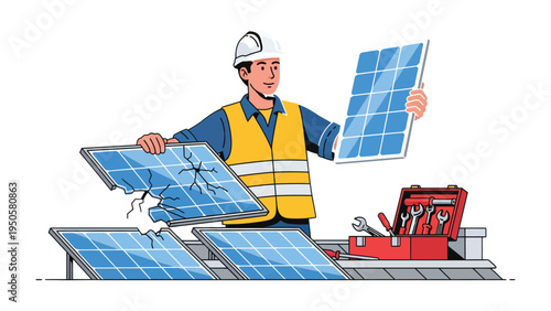 Solar Panel Technician's Dilemma: A skilled technician, equipped with tools, assesses and repairs damaged solar panels, highlighting the crucial work in sustainable energy