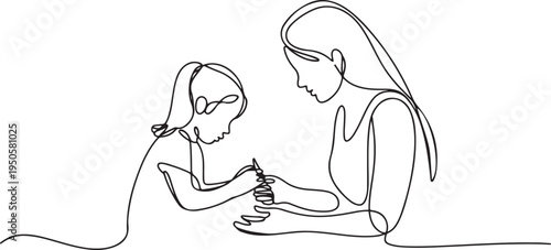 continuous single drawn one line mom makes with daughter lessons drawn from the hand picture silhouette. Line art. one line Icon drawing