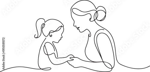 continuous single drawn one line mom makes with daughter lessons drawn from the hand picture silhouette. Line art. one line Icon drawing