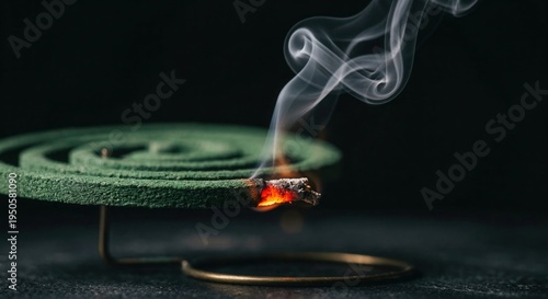 Green mosquito coil incense burning with smoke rising, on gold stand black background, traditional outdoor pest repellent anti-mosquito product