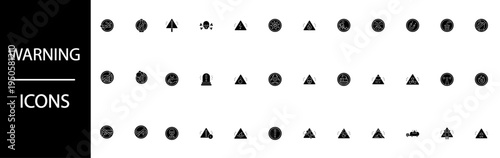 Collection of black and white warning icons representing various hazardous situations
