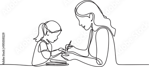 continuous single drawn one line mom makes with daughter lessons drawn from the hand picture silhouette. Line art. one line Icon drawing