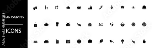 Collection of black and white icons representing traditional thanksgiving holiday themes
