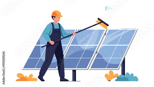 Solar Panel Cleaning: A worker in protective gear meticulously cleans solar panels with a long-handled brush, symbolizing the crucial maintenance required for sustainable energy