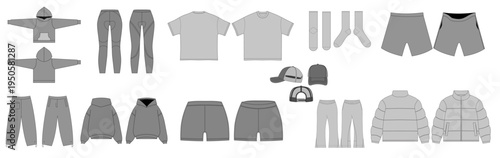 Diverse collection of grey apparel templates for modern clothing design.
