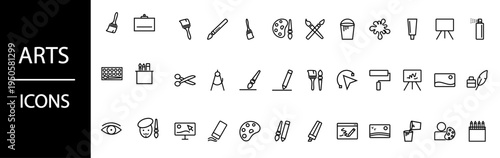 Collection of minimalist line art icons representing various tools for arts and crafts