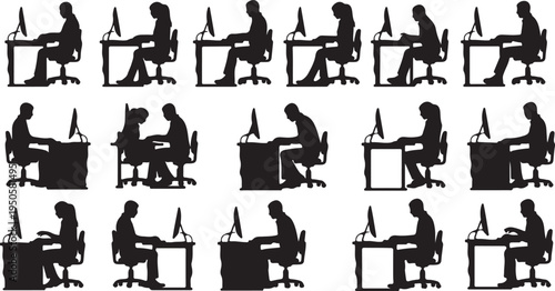 Three computer monitors on desks with various accessories Vector