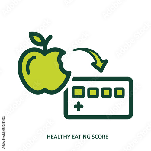 Illustrative icon representing healthy eating score tracking, featuring a fresh apple with a progress card, symbolizing nutritional assessment and wellness journey