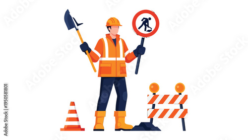 Construction Worker at Work: A diligent construction worker stands ready on a job site, holding a shovel and traffic sign, ensuring safety and managing the construction zone.