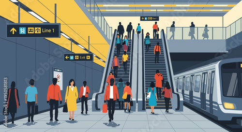 Commuters on Escalator at Busy Subway Station with Train Arriving