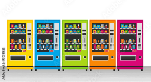 Colorful Vending Machines Lined Up: Snacks, Drinks, and Convenience