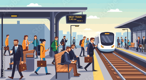 Commuters Boarding Train at Busy Urban Station Platform