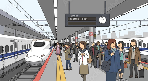 Commuters Waiting for Bullet Train on Busy Platform in Japan