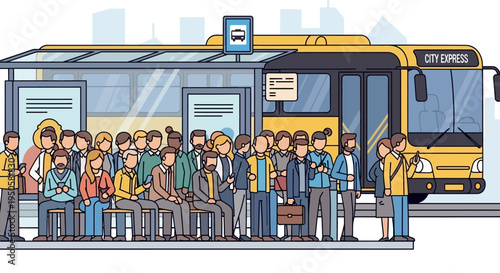 Crowded Bus Stop with Diverse People Waiting for City Express Bus