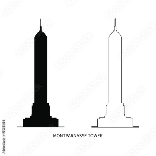 Montparnasse Tower Paris France Silhouette Vector Illustration Tour Montparnasse Famous Landmark Architecture Isolated on White Background