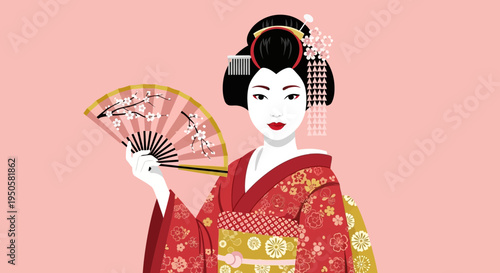 Elegant Geisha in Kimono Holding a Fan, Japanese Culture Illustration