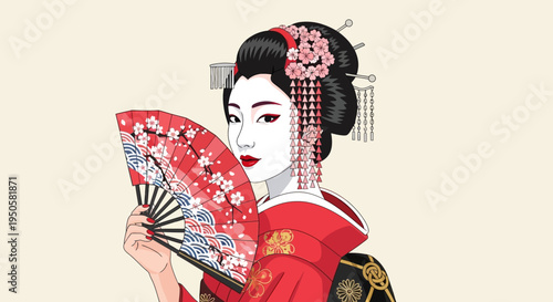 Elegant Geisha Holding Red Fan with Cherry Blossoms, Traditional Japanese Culture