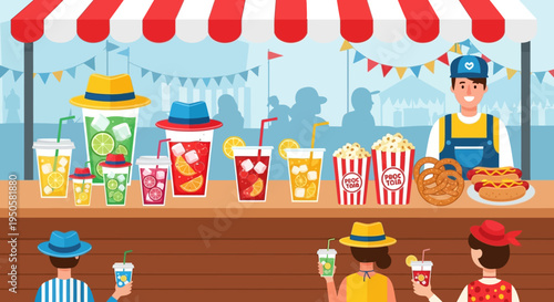 Fairground food stall with drinks, popcorn, hot dogs, and pretzels, people buying snacks.