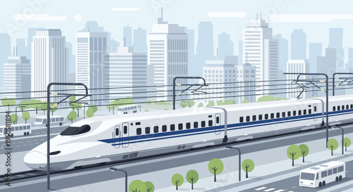 High-speed train traveling through a modern city with skyscrapers and traffic.