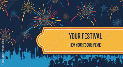 Festive Fireworks Display Over City Skyline with Cheering Crowd at Night Festival