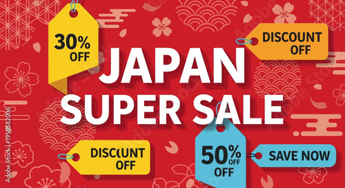 Japan Super Sale Discount 30% 50% Off, Japanese Culture Icons, Red Background