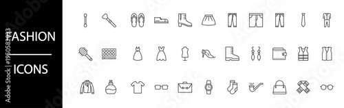 Collection of minimalist outline icons representing various modern fashion and beauty items